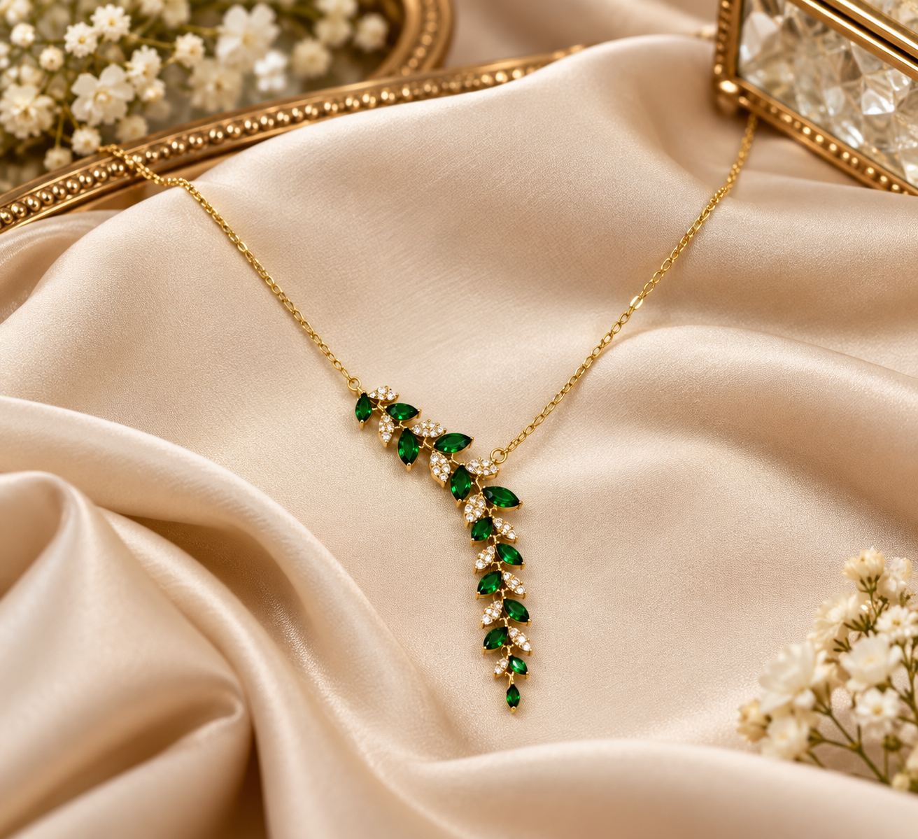 Women's Green Leaf Vine Pendant Necklace – Gold Tone