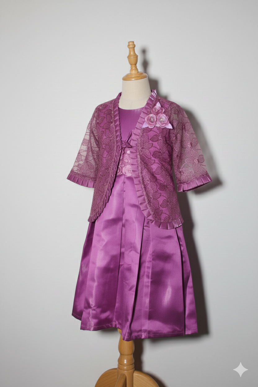 A soft lilac tone, satin finish paired with a delicately embroidered lace jacket