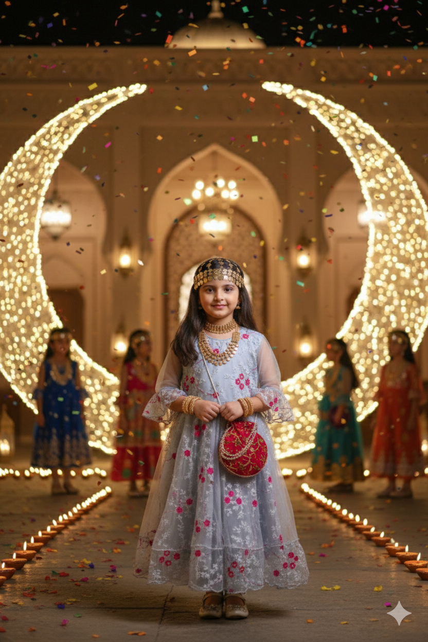 Girls Traditional Garangao Outfit - Steel Gray with Bright Pink Bloom Flowers Embroidery