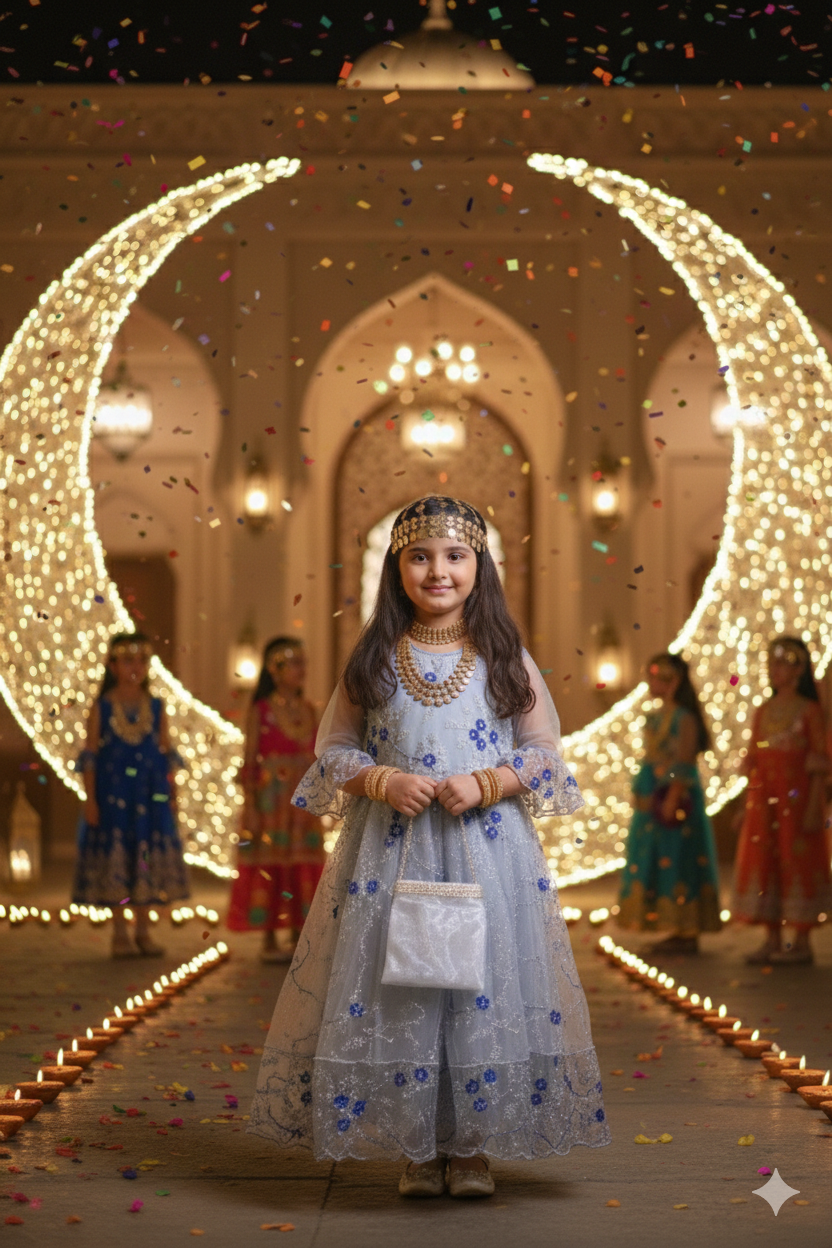 Girls Traditional Garangao Outfit - Steel Gray with Blue Bloom Flowers Embroidery