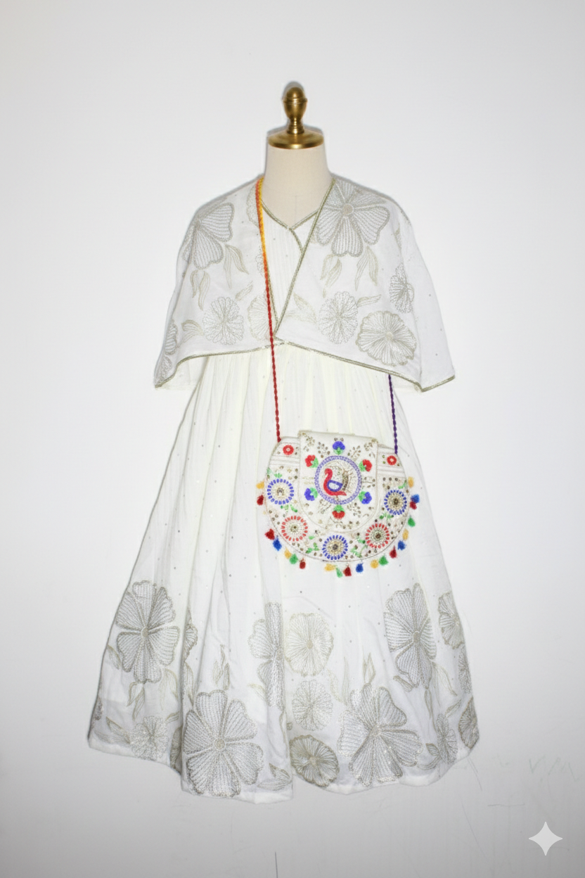 Radiant Pearl Garangao Dress with Scalloped Cape & Artisan Pouch