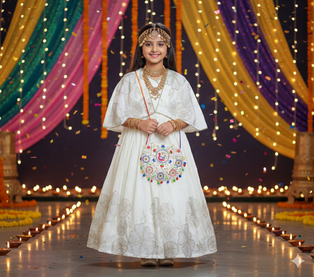 Radiant Pearl Garangao Dress with Scalloped Cape & Artisan Pouch