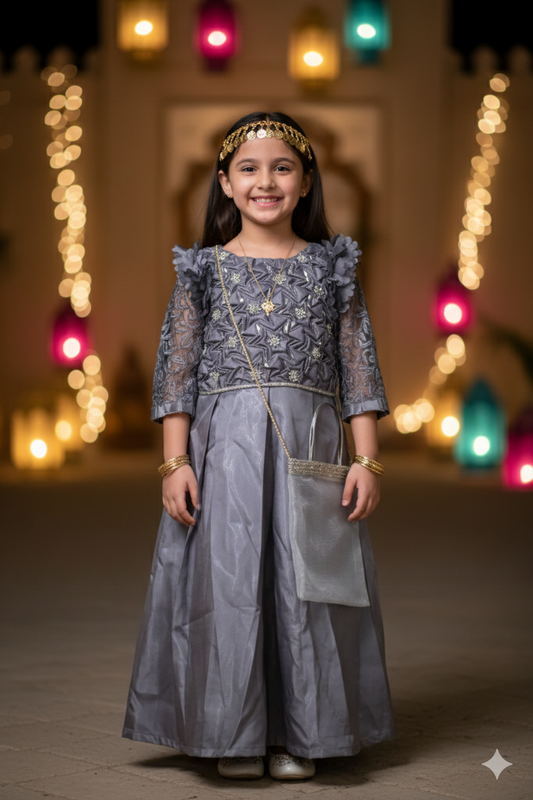 The Rosette Elegance Garangao Dress- Shimmer Grey Color