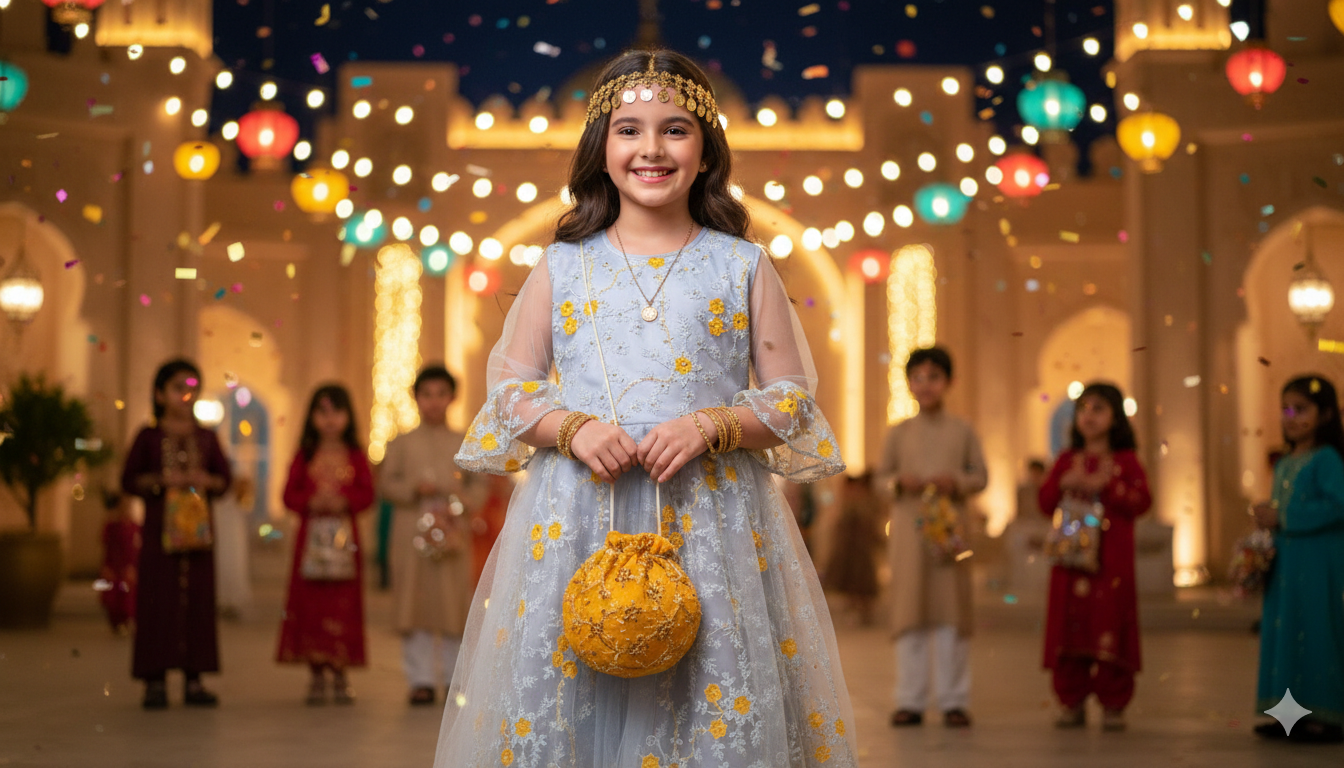 Girls Traditional Garangao Outfit - Steel Gray with Yellow  Bloom Flowers Embroidery