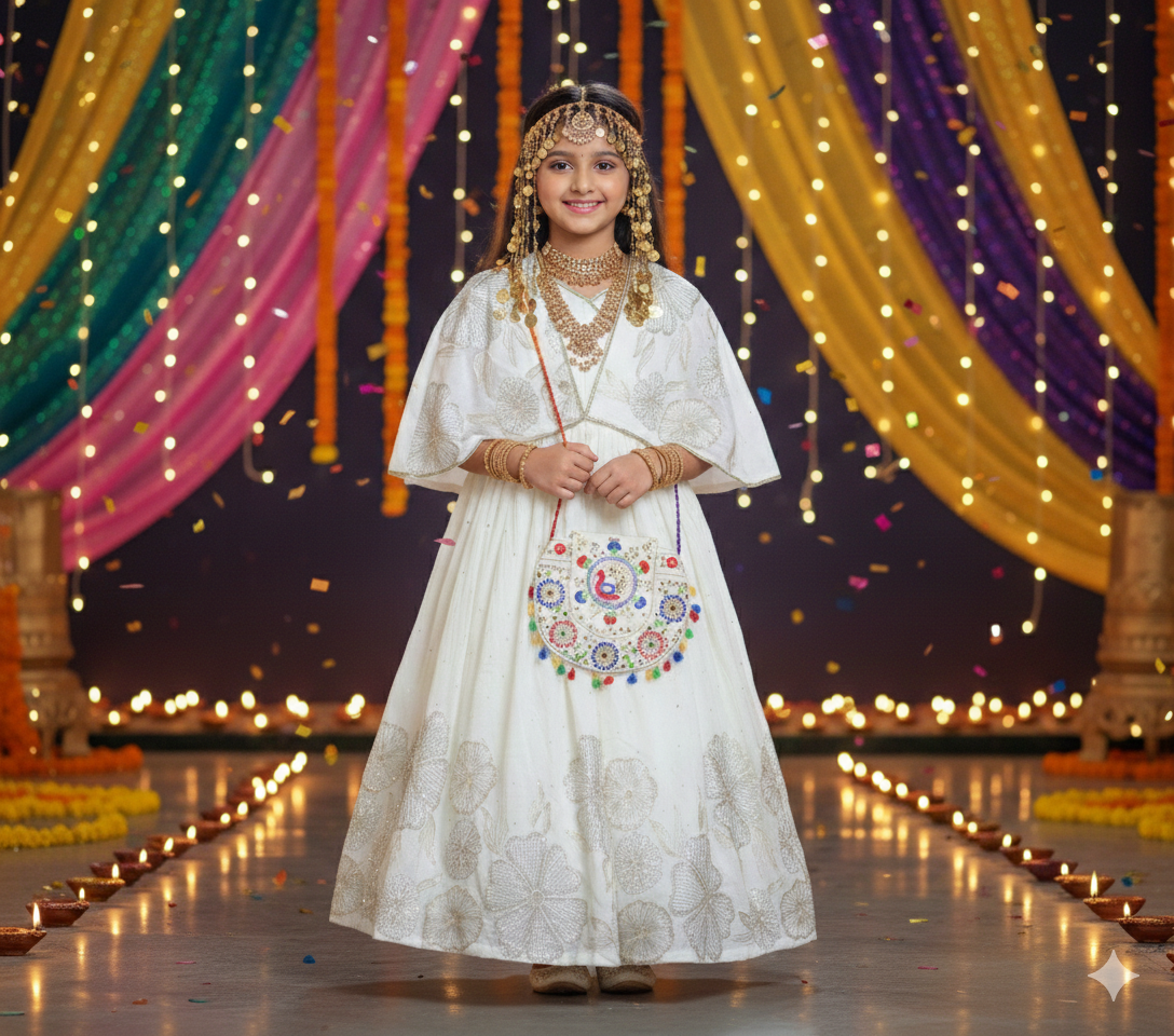 Radiant Pearl Garangao Dress with Scalloped Cape & Artisan Pouch