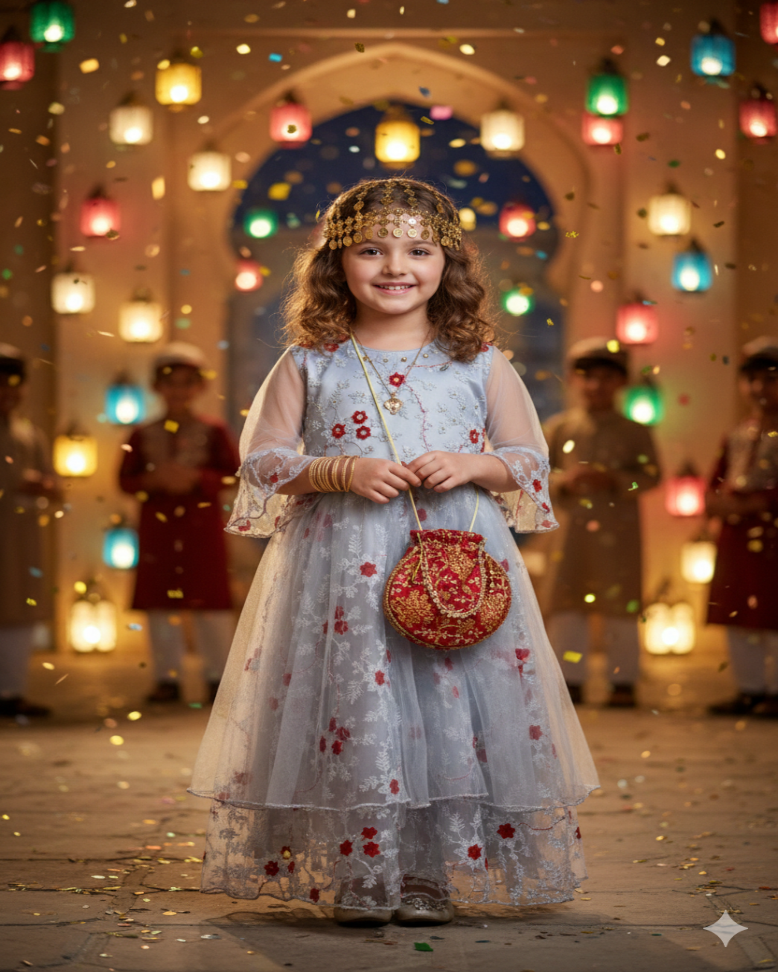 Girls Traditional Garangao Outfit - Steel Gray with Red  Bloom Flowers Embroidery