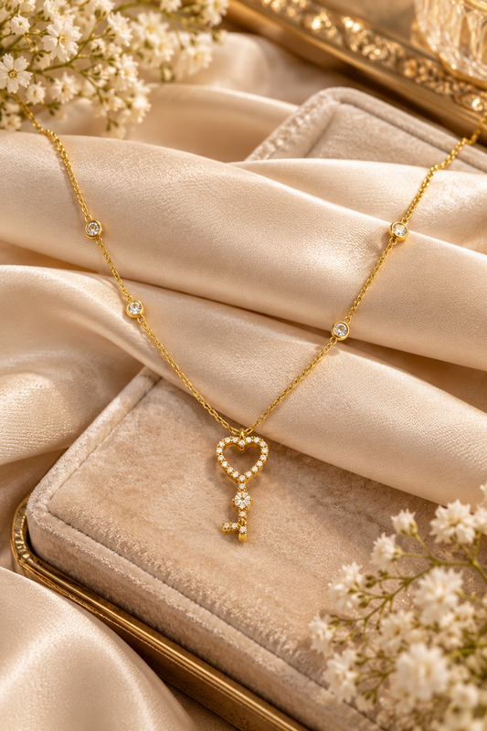 Women's Gold Heart & Key Pendant Necklace