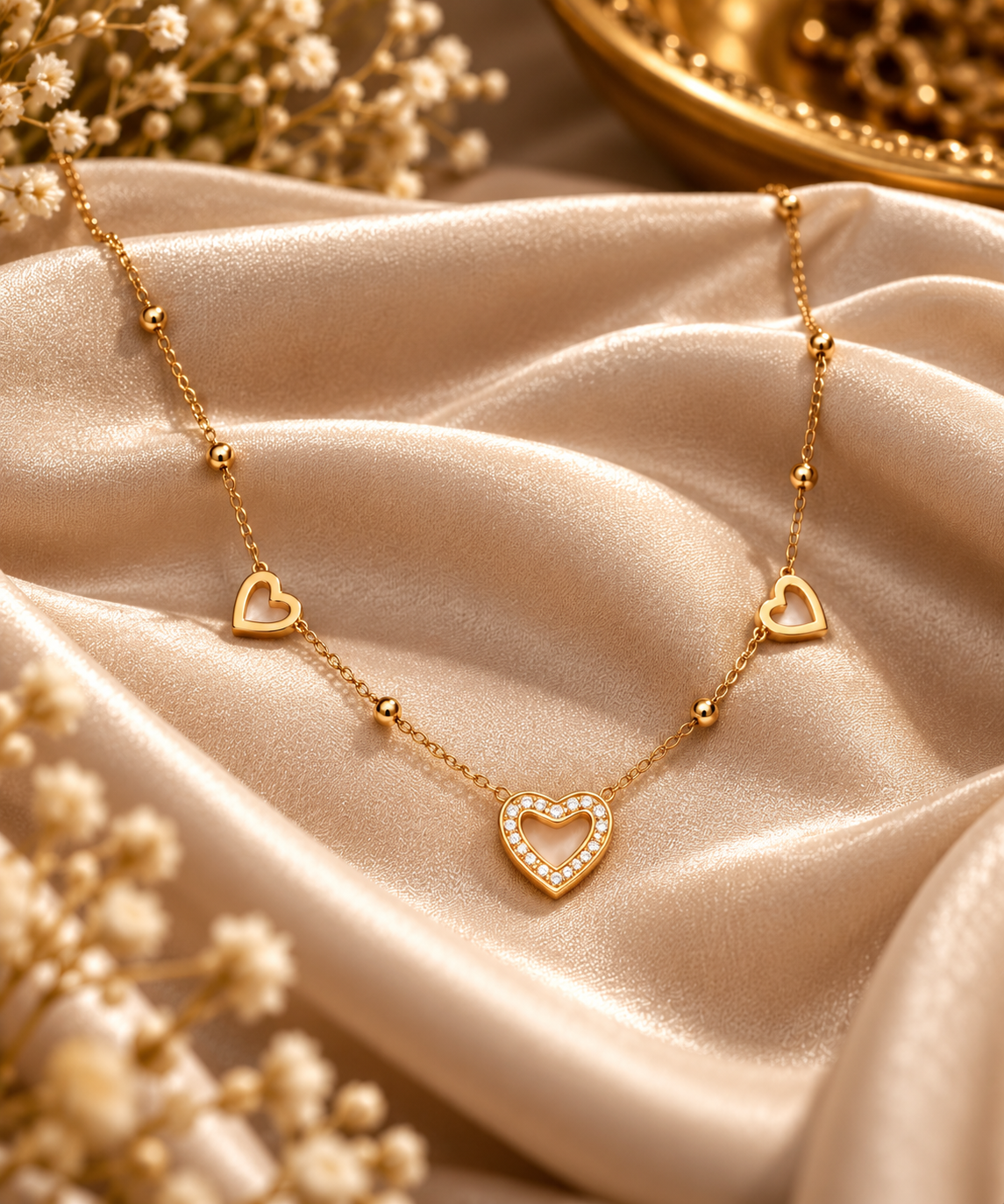 Golden Open-Heart Crystal Necklace with Heart Accents for Women