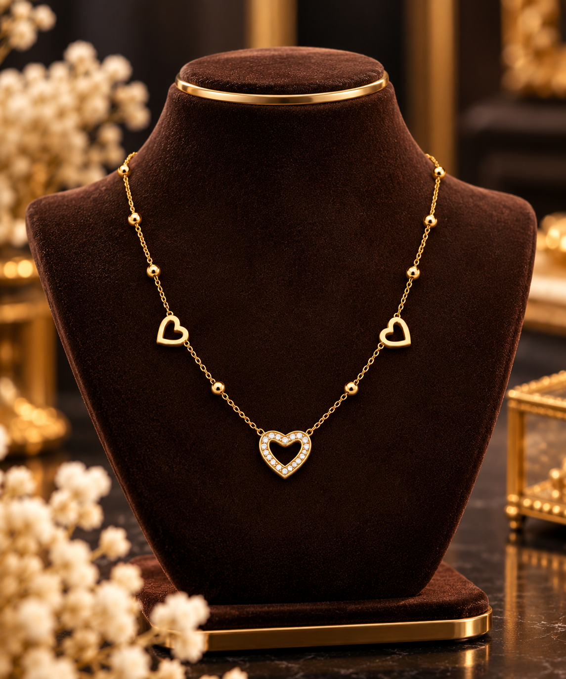 Golden Open-Heart Crystal Necklace with Heart Accents for Women