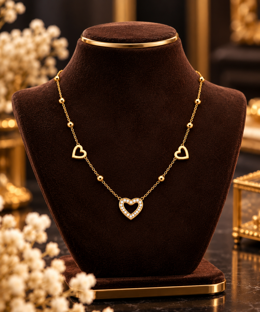 Golden Open-Heart Crystal Necklace with Heart Accents for Women