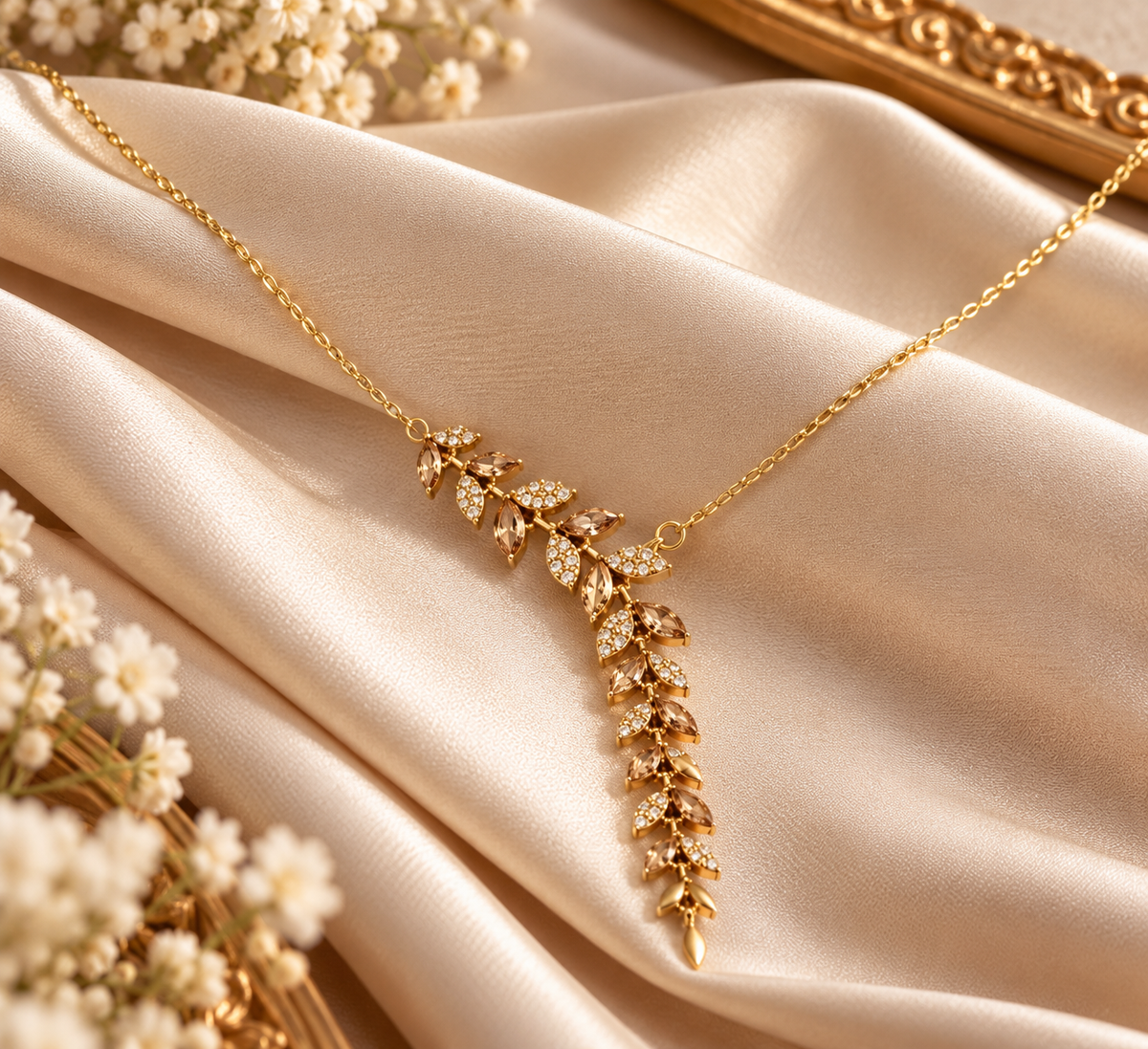 Women's Gold Leaf Pendant Necklace with Stone Accents