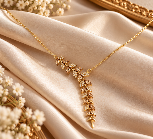 Women's Gold Leaf Pendant Necklace with Stone Accents