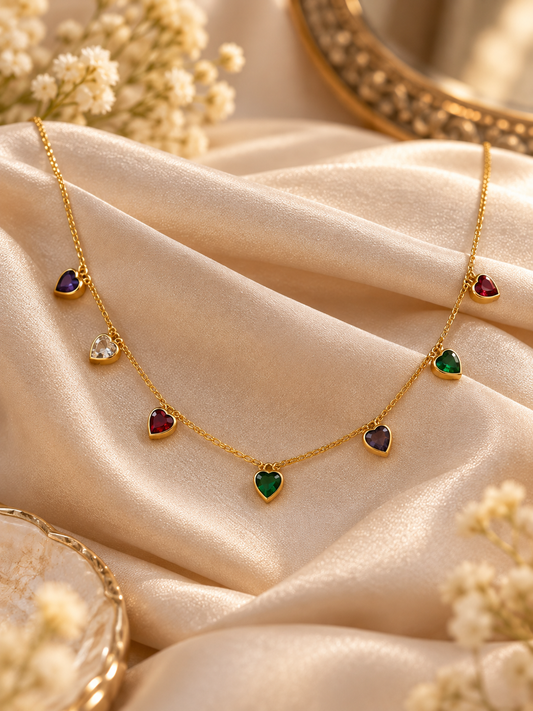 Multicolor Heart Charm Necklace for Women – Gold Tone