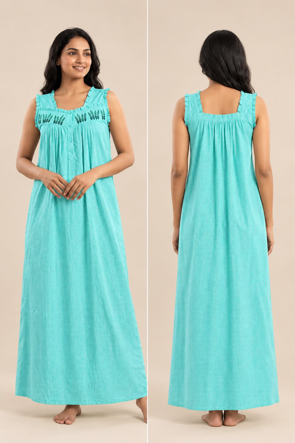 Soft Cotton Turquoise Gingham Maxi Nightgown for Women - Pure cotton