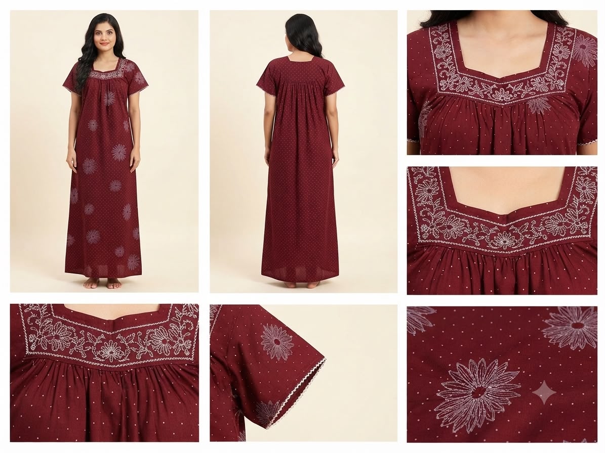 100% cotton women's maroon floral maxi nightgown with embroidered neckline