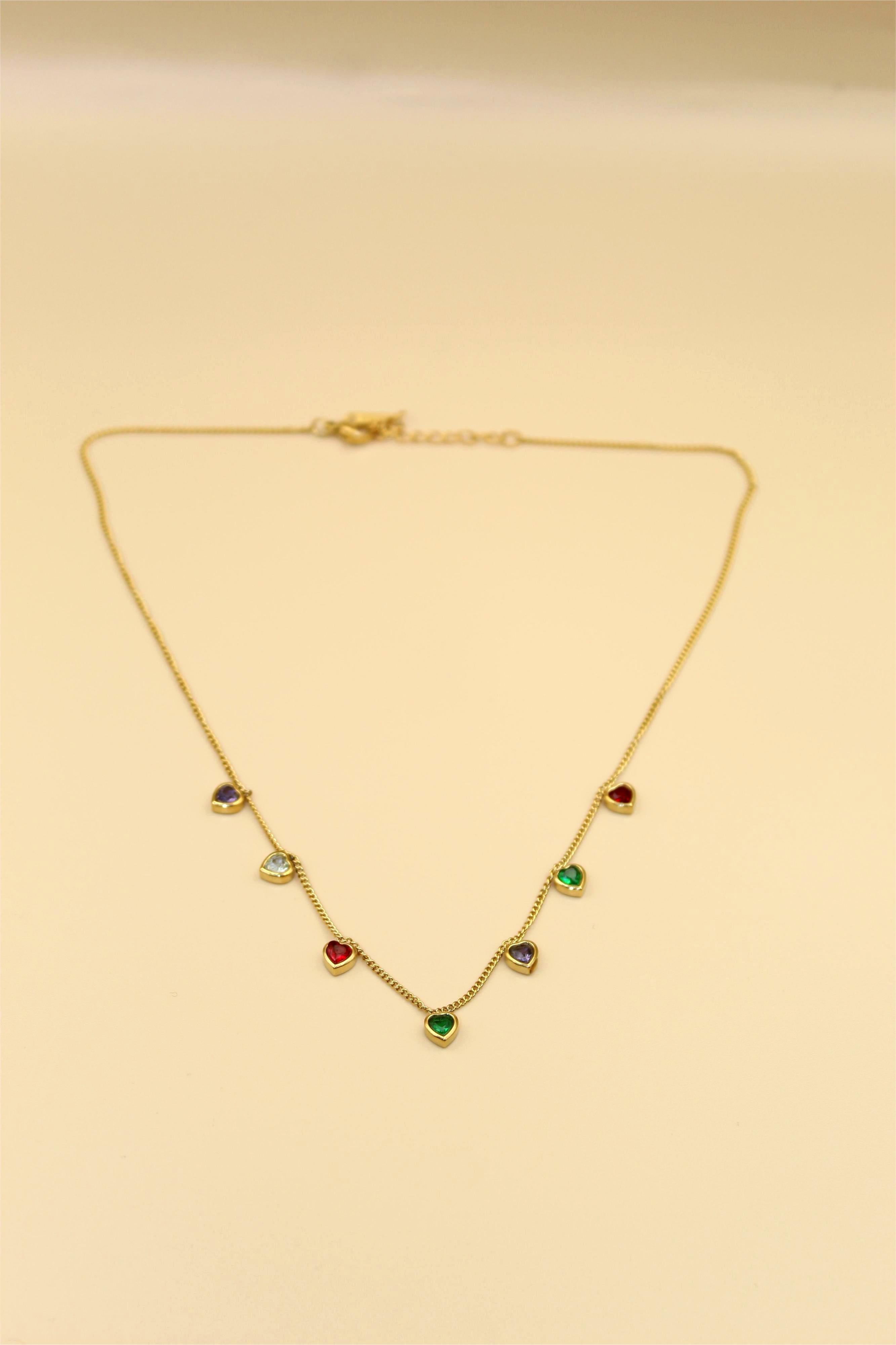 Elegant Anti-Tarnish Gold-Plated Multi-Color Heart Necklace