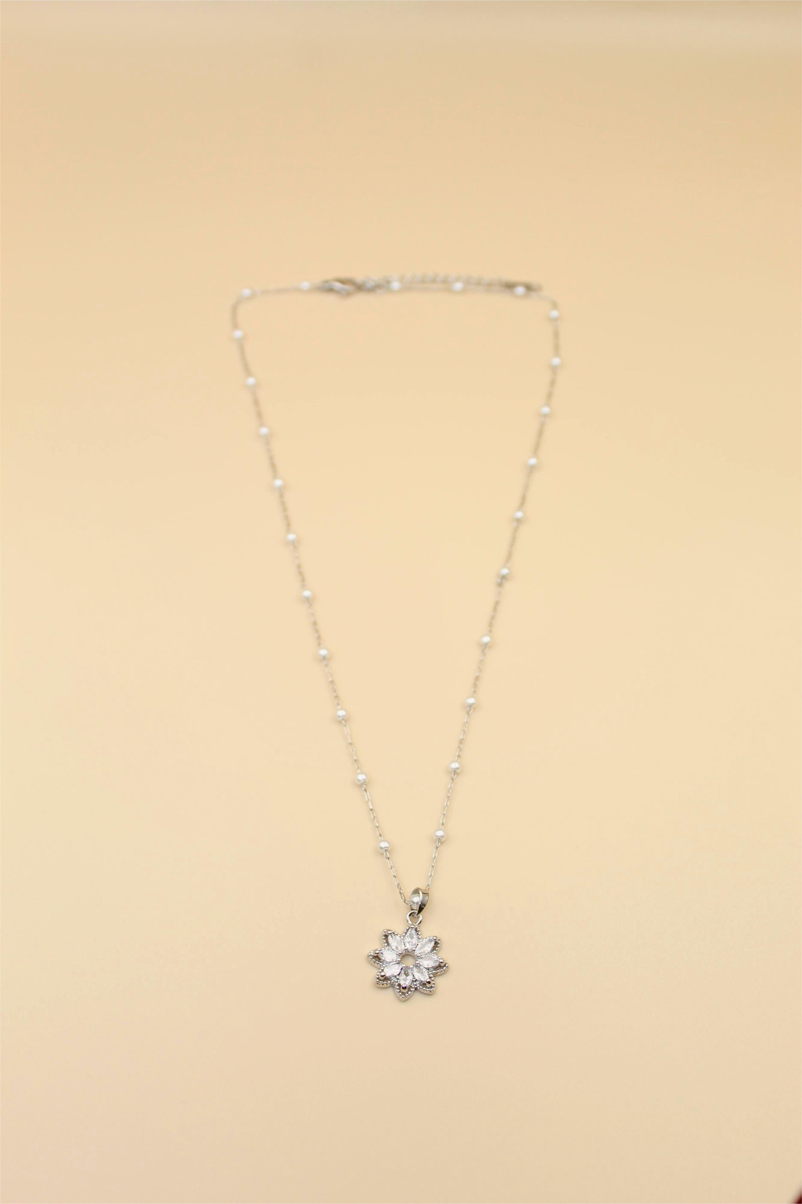 Silver Floral Crystal Pendant Necklace