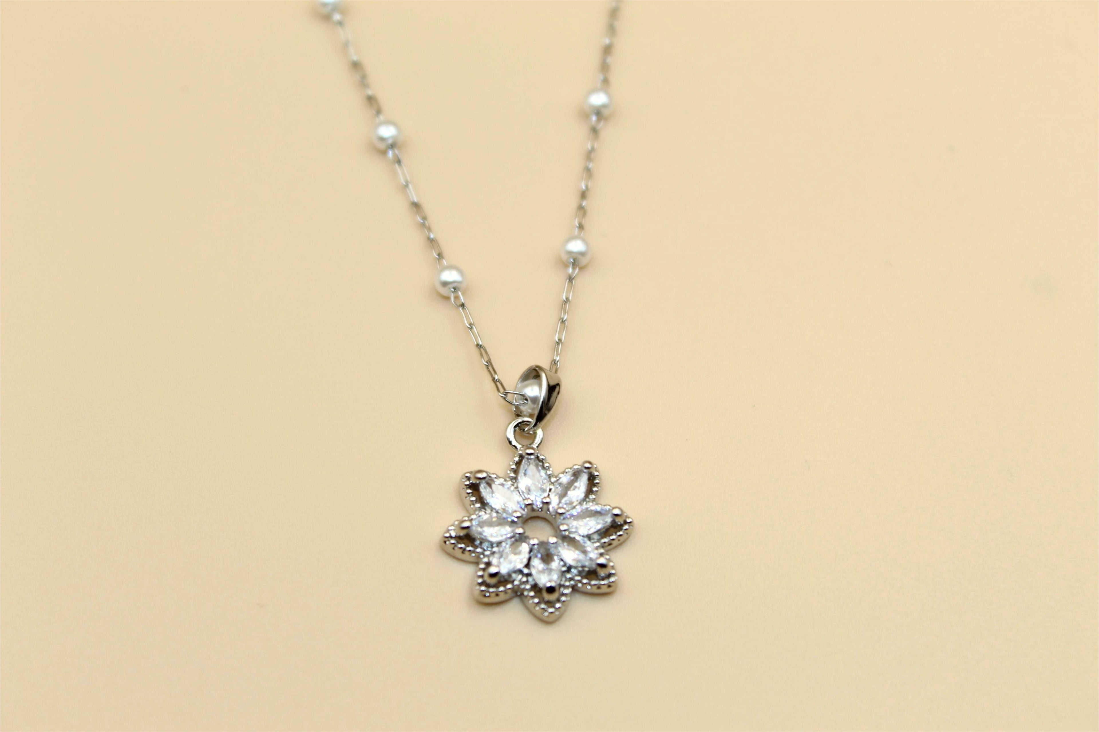 Silver Floral Crystal Pendant Necklace