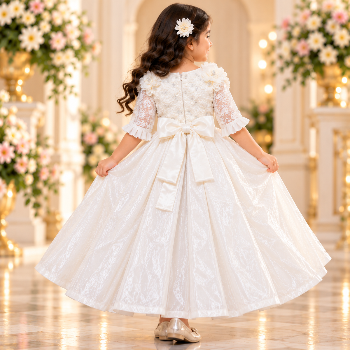 Girls' Ivory White Princess Party Gown with Floral Details