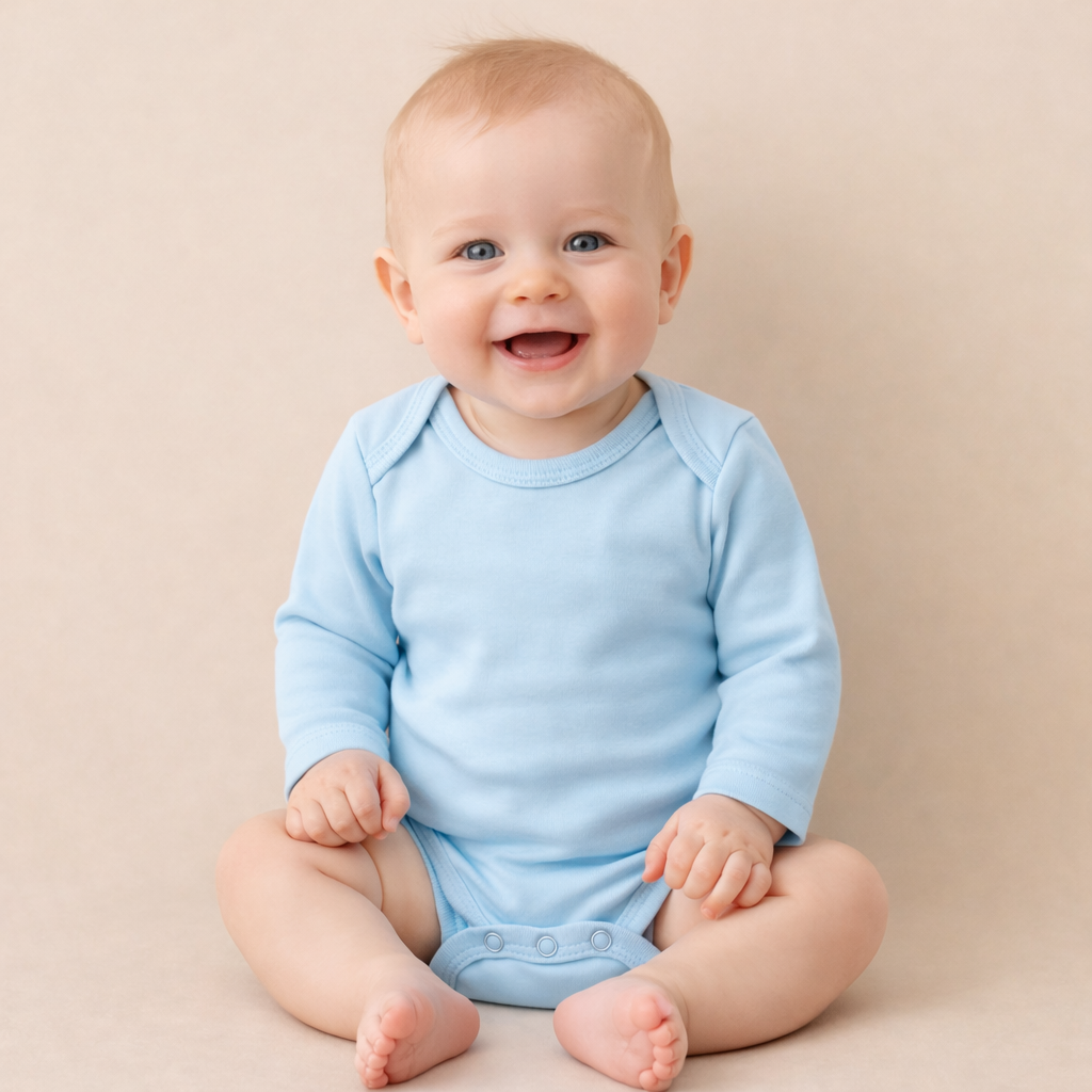 Natural Cotton Long Sleeve Baby Bodysuit | Snaps Closure | Sky Blue | Ascotta Premium