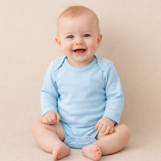 Natural Cotton Long Sleeve Baby Bodysuit | Snaps Closure | Sky Blue | Ascotta Premium