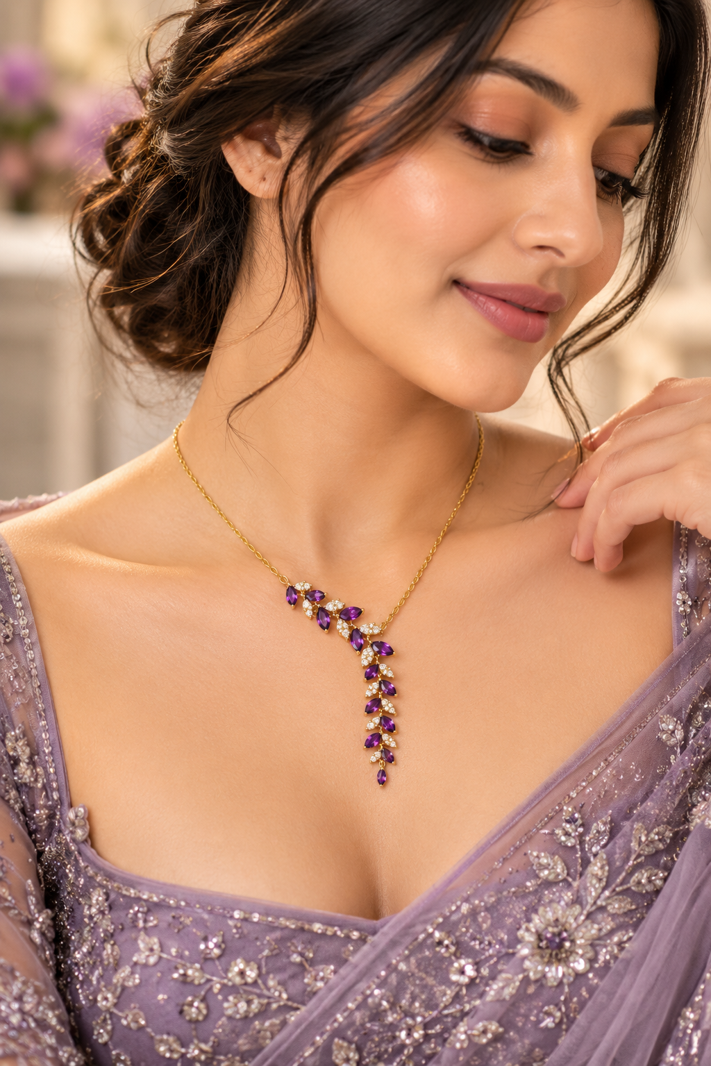 Women's Purple Leaf Vine Pendant Necklace – Gold Tone