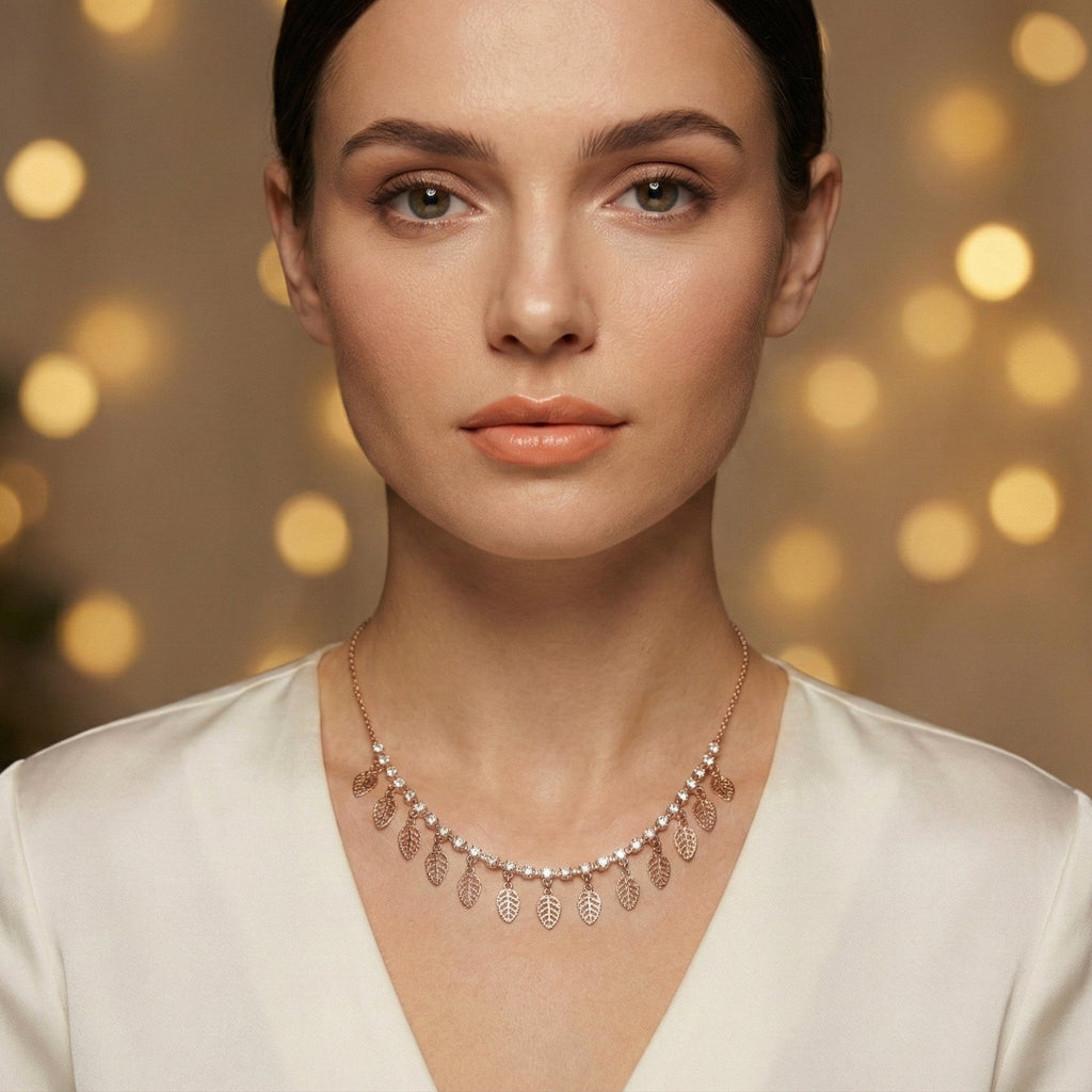 Rose Gold Leaf Charm Necklace | Elegant Artificial Art Jewelry