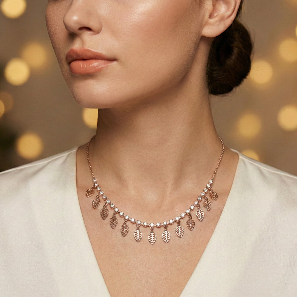 Rose Gold Leaf Charm Necklace | Elegant Artificial Art Jewelry