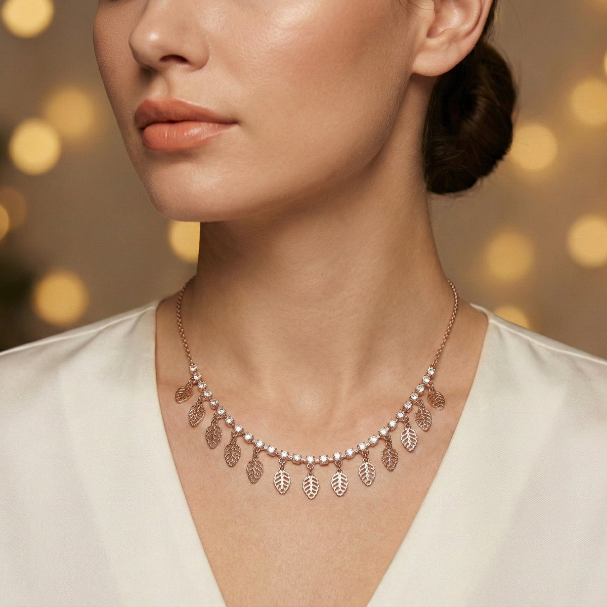 Rose Gold Leaf Charm Necklace | Elegant Artificial Art Jewelry
