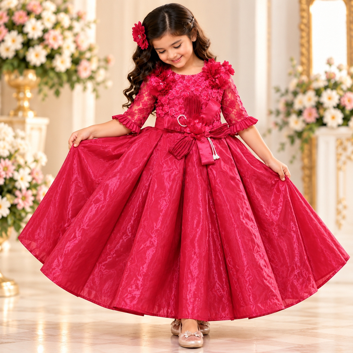 Girls' Fuchsia Pink Organza Princess Party Gown