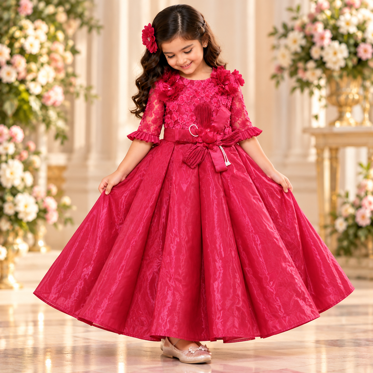 Girls' Fuchsia Pink Organza Princess Party Gown