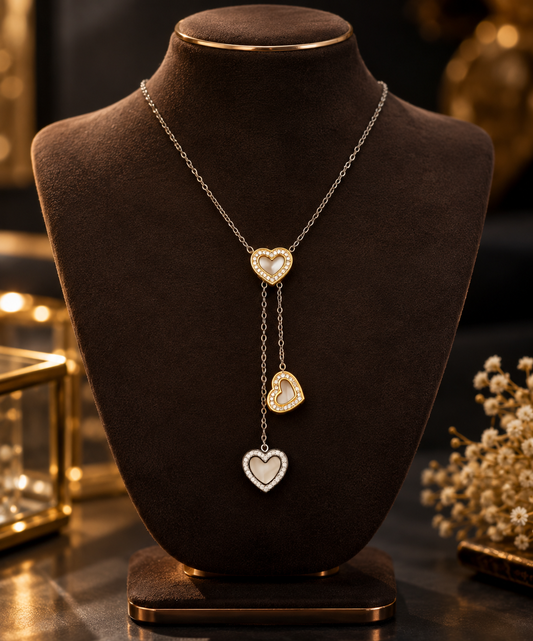 Tri-Heart Layered Pendant Necklace with Crystal-Edged Charms