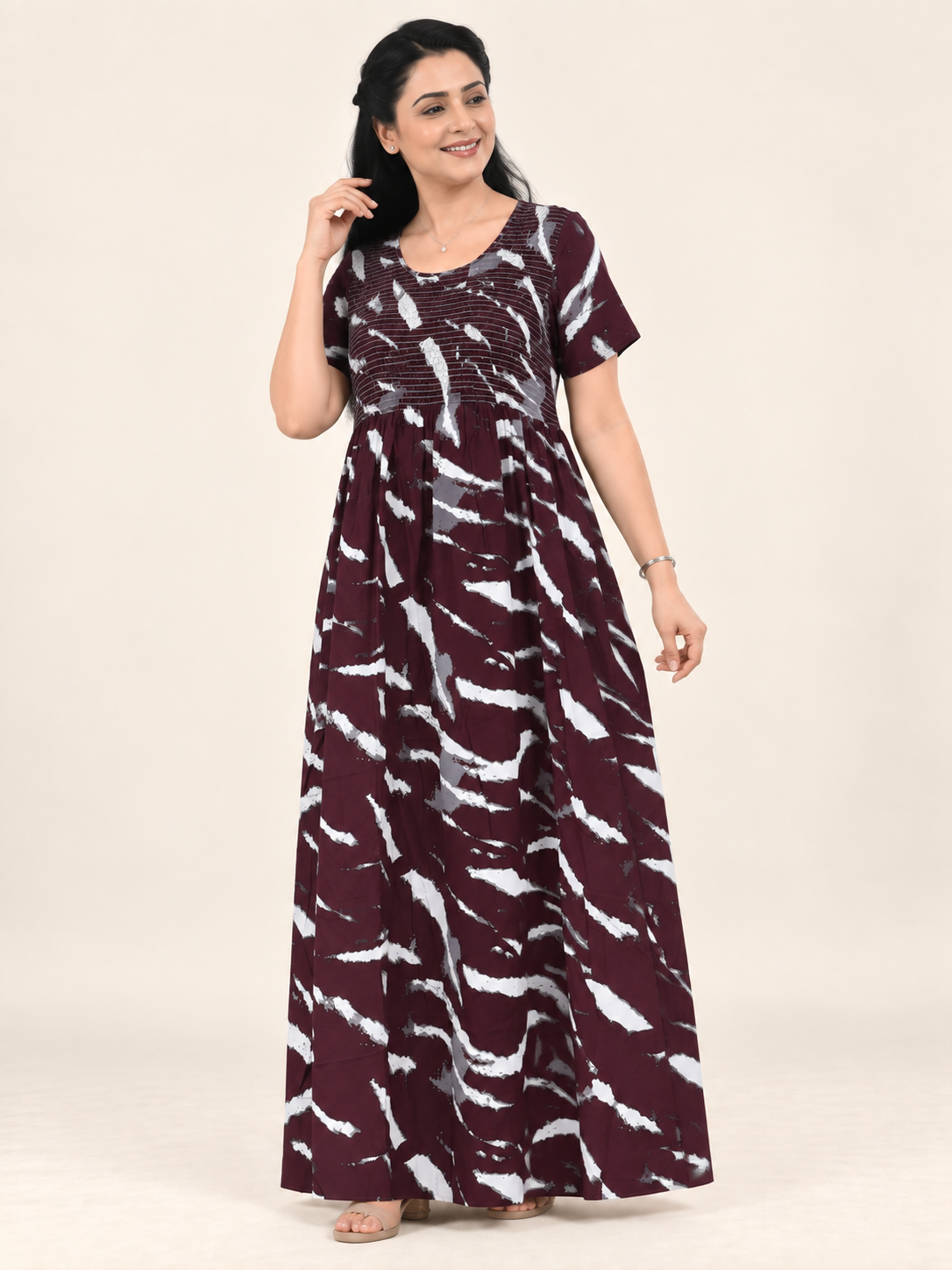 Burgundy Abstract Print Maxi Nightdress for Women