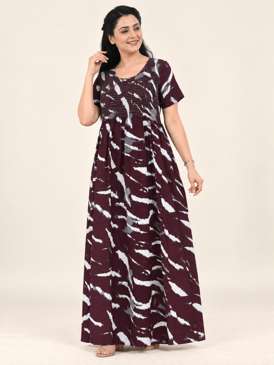 Burgundy Abstract Print Maxi Nightdress for Women