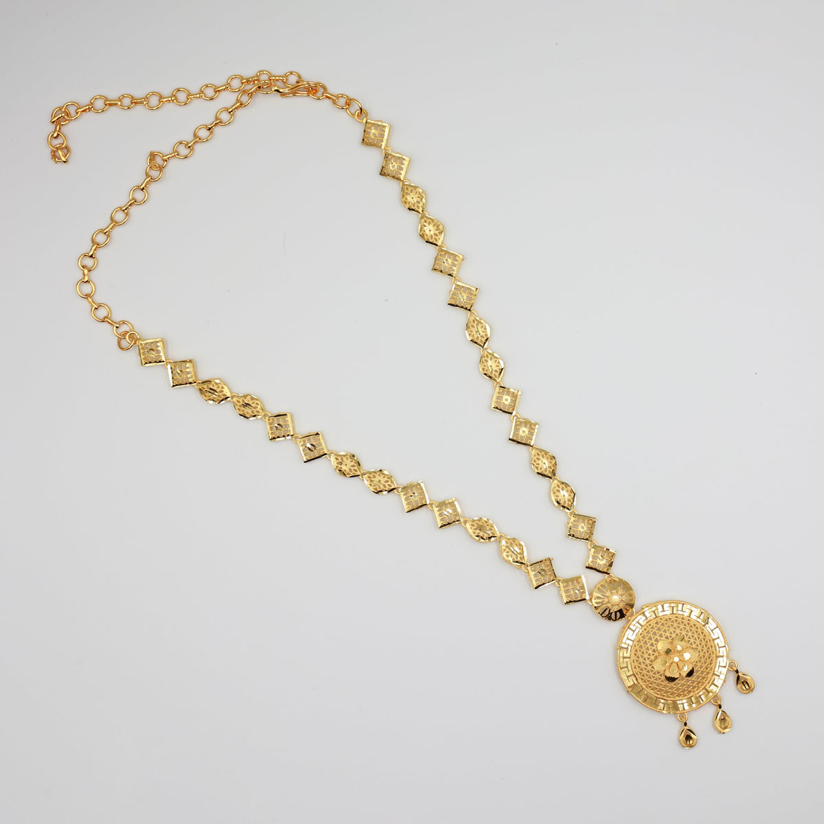 Antique Gold Round Pendant Necklace Set with Earrings | Traditional Filigree Design Jewelry for Women