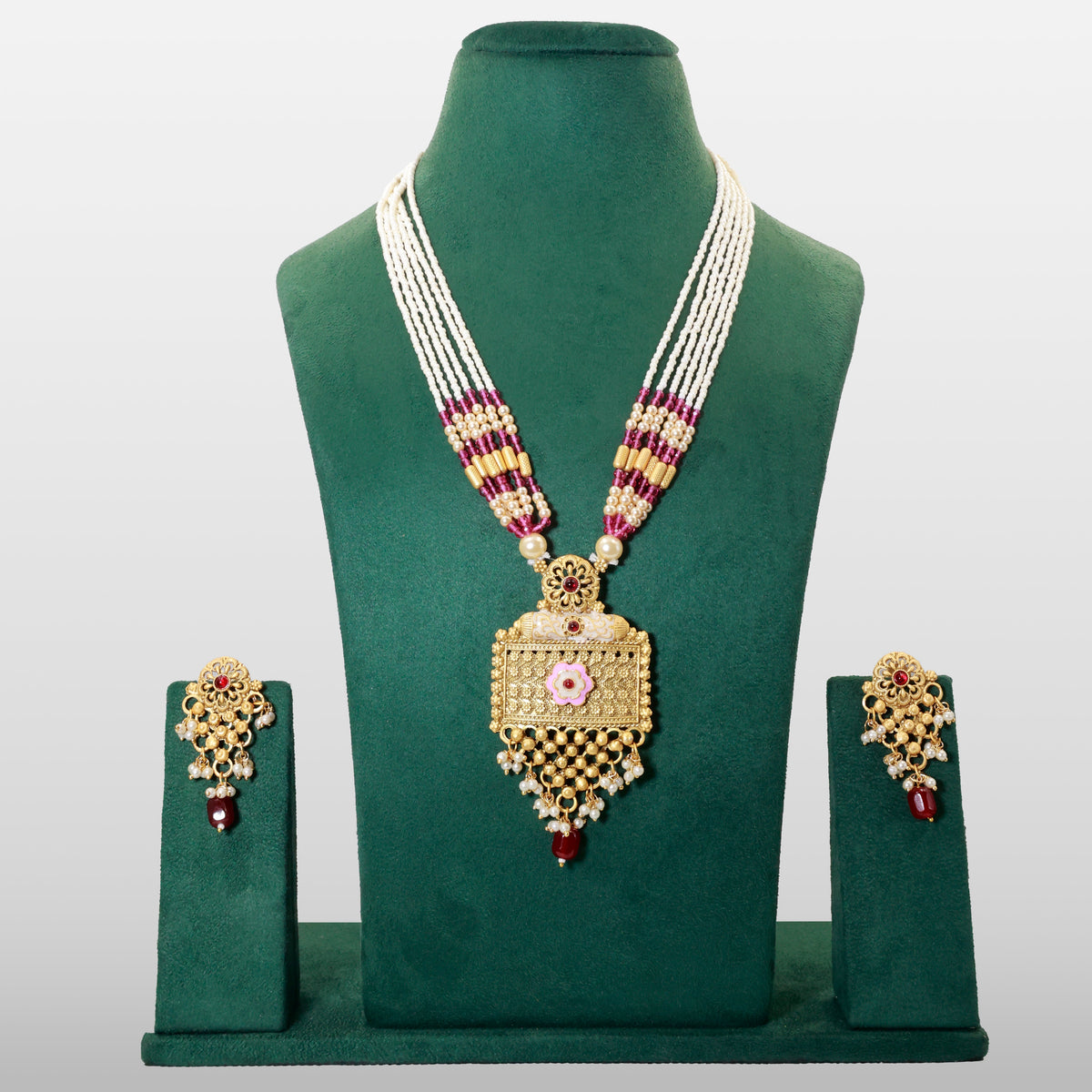 Ethnic Necklace Set with Pearl Strings & Floral Pendant