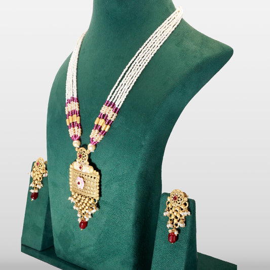 Ethnic Necklace Set with Pearl Strings & Floral Pendant
