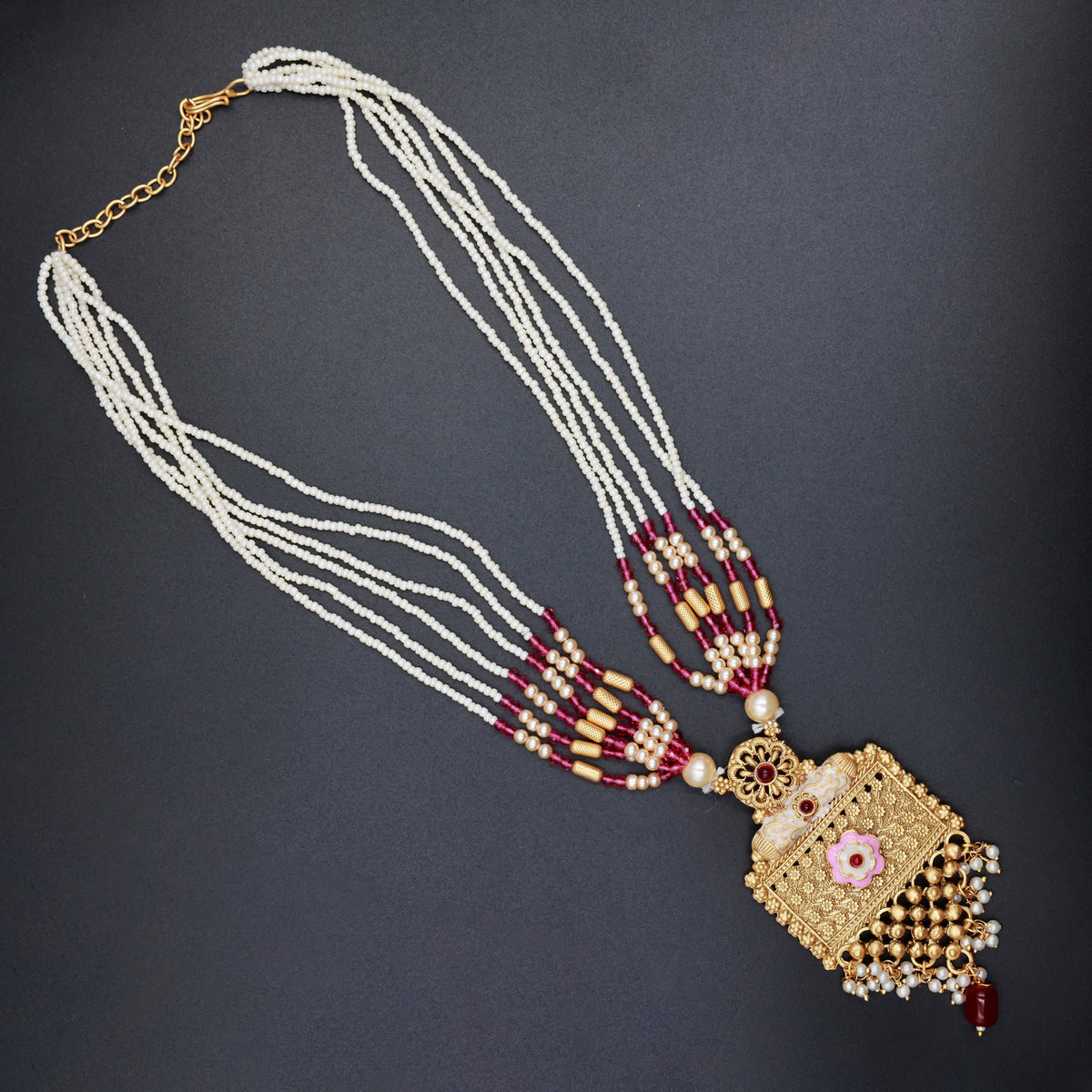 Ethnic Necklace Set with Pearl Strings & Floral Pendant