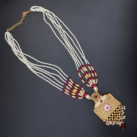 Ethnic Necklace Set with Pearl Strings & Floral Pendant