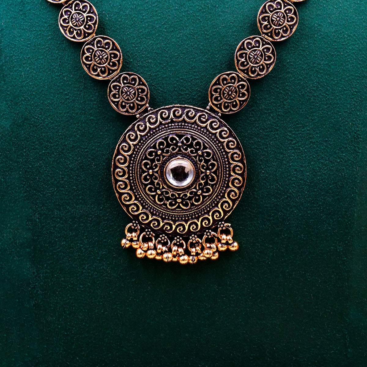 Antique Gold Long Necklace Set with Earrings | Oxidized Floral Design Traditional Jewelry for Women