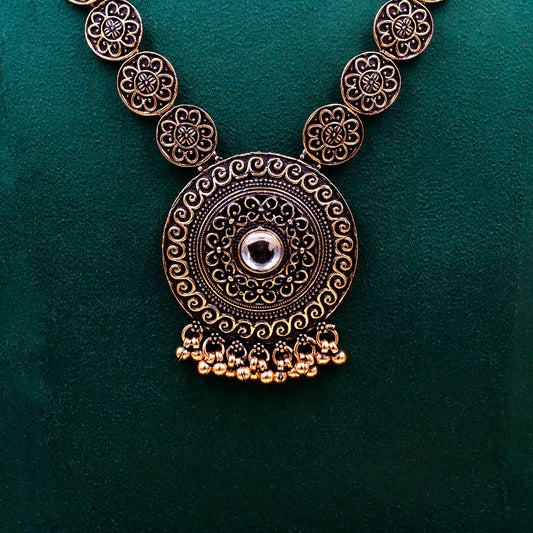 Antique Gold Long Necklace Set with Earrings | Oxidized Floral Design Traditional Jewelry for Women