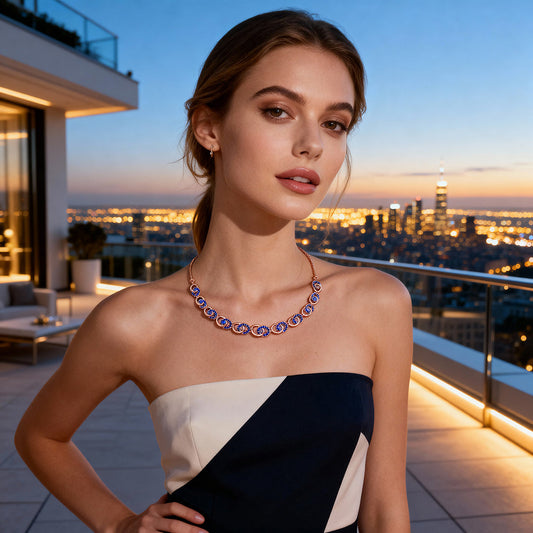 Modern Rose Gold Necklace with Blue Stones – Elegant artificial Jewelry for Women