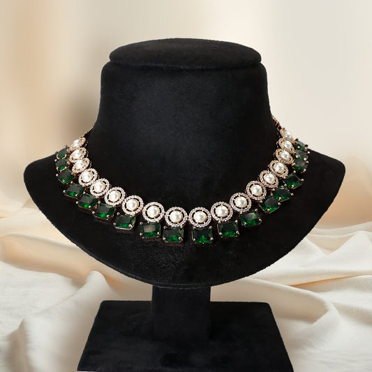 Rose Gold Pearl & Green Stone Party Necklace