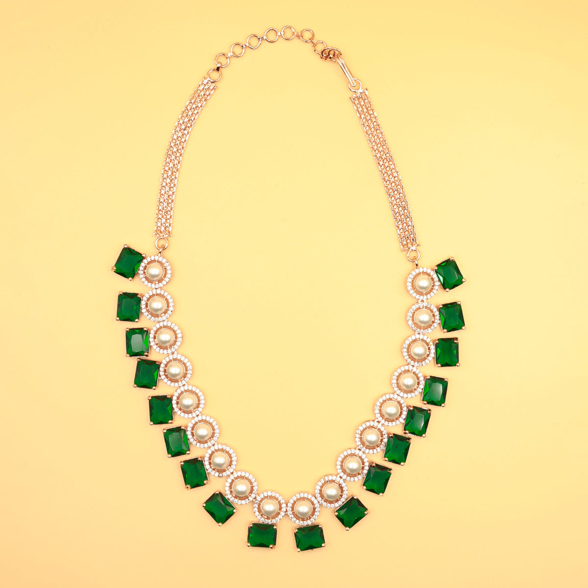 Rose Gold Pearl & Green Stone Party Necklace