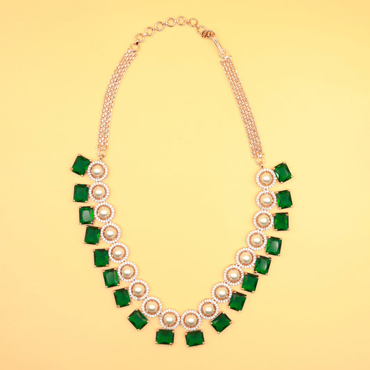 Rose Gold Pearl & Green Stone Party Necklace