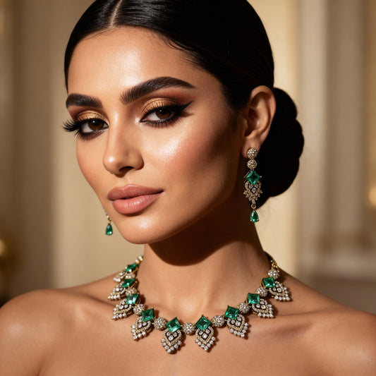 Elegant Emerald Green Necklace Set – Antique Gold Tone Jewelry