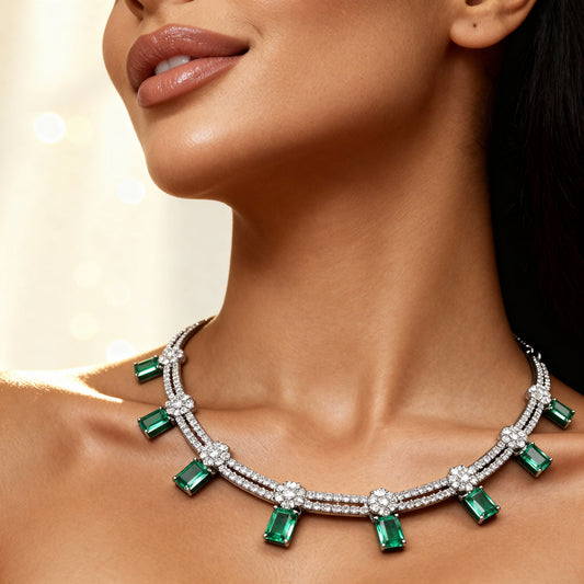 Antique Emerald Necklace Set – Premium Jewelry with White Stones & Earrings