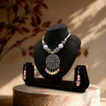 Silver Tone Oxidized Necklace Set with Multicolor Beads