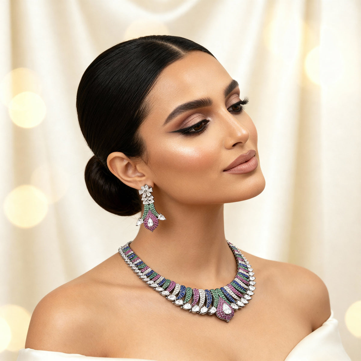 Elegant Multicolor Crystal Necklace & Earrings Set – Premium artificial Jewelry