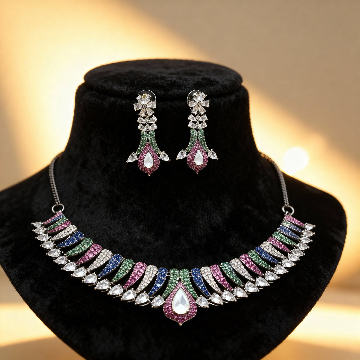 Elegant Multicolor Crystal Necklace & Earrings Set – Premium artificial Jewelry